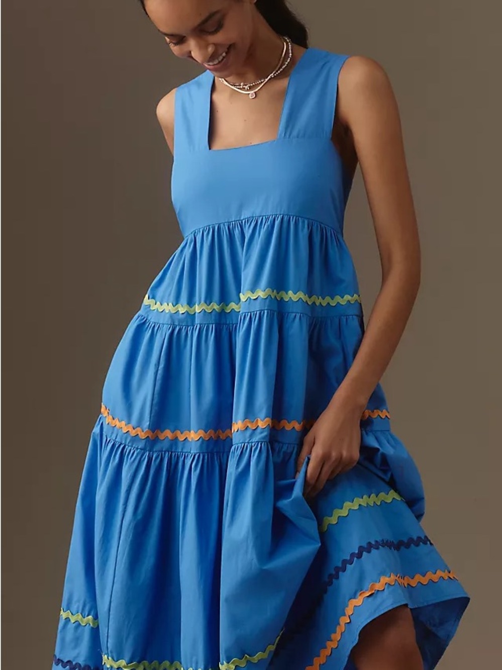 Anthropologie Bright Blue Tiered Midi Dress with Multicolor Ric-Rac